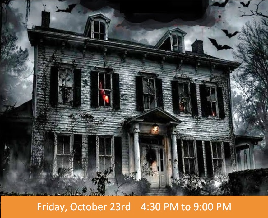 Haunted two-story mansion with bats in the cloudy sky; orange banner reads Friday, October 23rd, 4:30 PM to 9:00 PM.