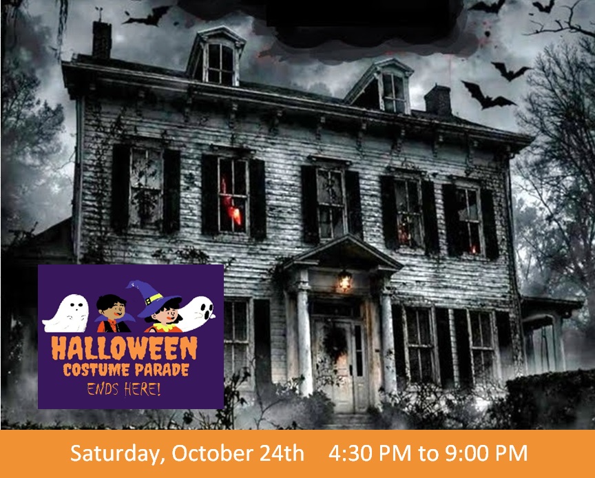 Promotional poster for a Halloween parade over a spooky, bat-filled haunted house. Text: 'Halloween Costume Parade Ends Here!' with an orange date/time banner reading 'Saturday, October 24th 4:30 PM to 9:00 PM'.